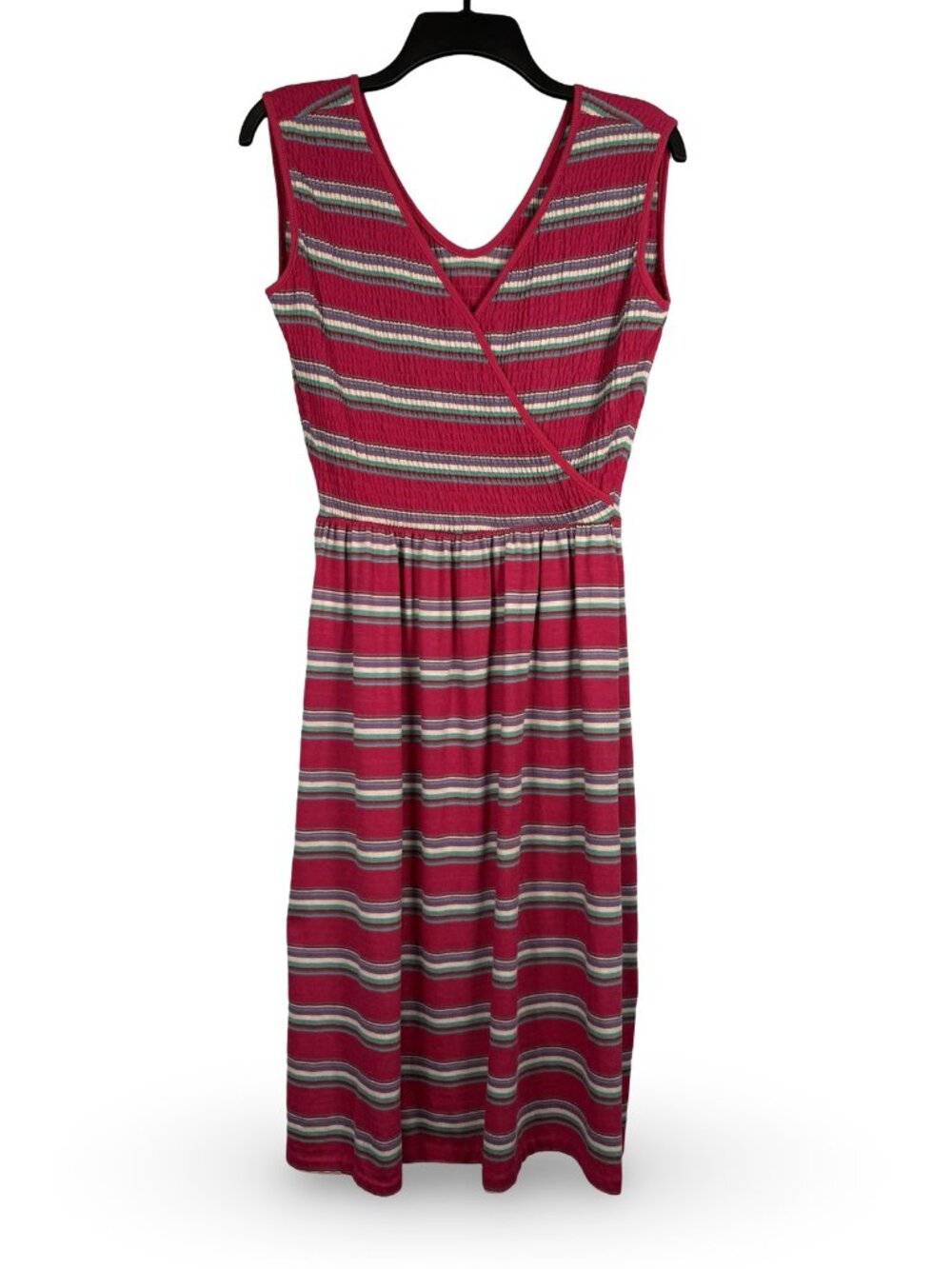 VTG 80s Peppermint Too Striped V-Neck Dress Size 10 Cranberry Smocked Sleeveless